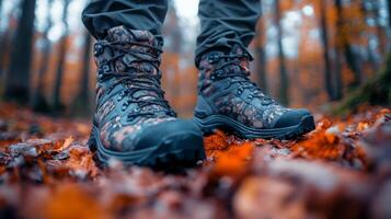 Hiking boots on a rocky surface surrounded by autumn foliage in a misty forest photo