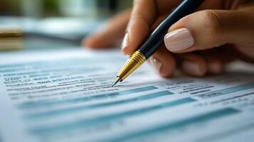 Hand holding a pen while reviewing financial documents in a well-lit office setting photo