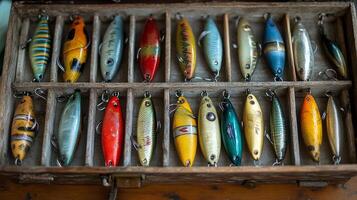 Collection of colorfully painted fishing lures displayed in a wooden box photo