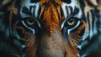 Intense gaze of a tiger showcasing powerful features in natural environment at close range photo