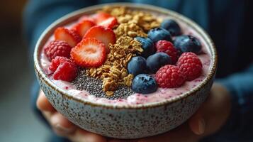 Delicious smoothie bowl topped with blackberries and raspberries for a healthy breakfast photo