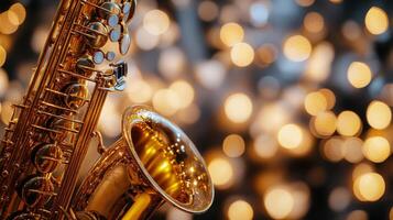 Saxophone shines brightly against a backdrop of warm bokeh lights in a cozy setting photo