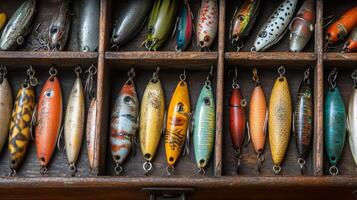 Collection of colorfully painted fishing lures displayed in a wooden box photo