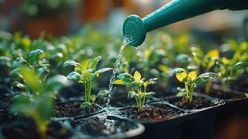 Watering young green plants in pots on a sunny day in a gardening space photo