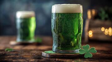 Bright green drinks on wooden table during sunset celebration in cozy venue photo