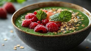 Healthy green smoothie bowl topped with fresh fruit and granola for a nutritious breakfast photo