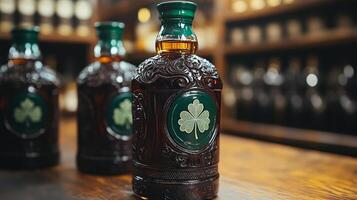Unique bottle design featuring an intricate shamrock symbol in a charming bar setting photo