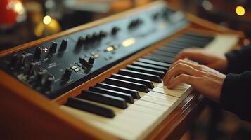 Hands play synthesizer keys in a cozy music studio during evening hours photo