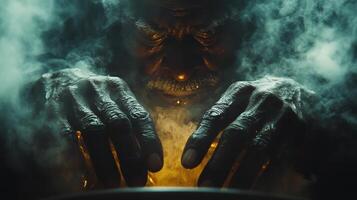 Mysterious figure casting spells over a glowing cauldron in misty atmosphere photo