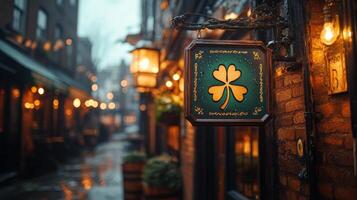 Vintage sign featuring a green clover in front of a cozy pub with warm lighting photo