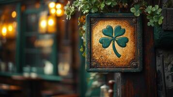 Vintage sign featuring a green clover in front of a cozy pub with warm lighting photo