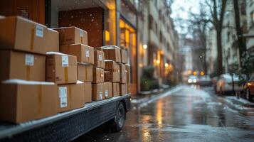 Delivery packages stacked outside a store on a rainy day in an urban area photo