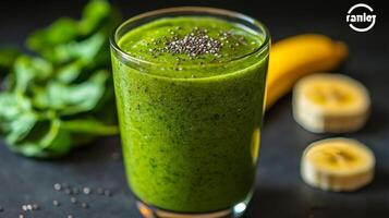 Refreshing green smoothie with spinach and banana served in a glass photo