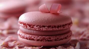 Delightful pink macarons adorned with a bow amidst a dreamy floral backdrop photo