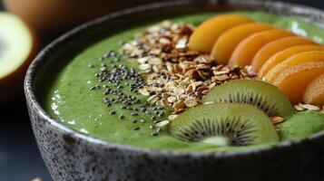Healthy green smoothie bowl topped with fresh fruit and granola for a nutritious breakfast photo