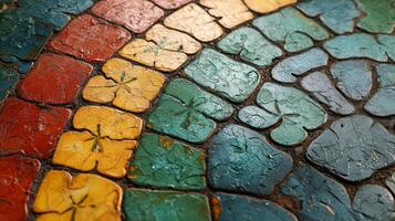 Vibrant colored tiles creating a mosaic pattern on the ground in a public space photo