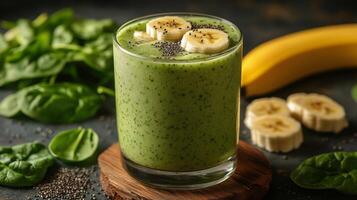 Refreshing green smoothie with spinach, banana, and chia seeds on wooden coaster photo