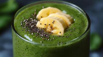 Healthy green smoothie with banana and chia seeds in a glass bowl photo
