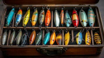 Collection of colorfully painted fishing lures displayed in a wooden box photo