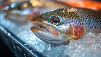 Freshly caught rainbow trout displayed on ice at a seafood market during the morning hours photo