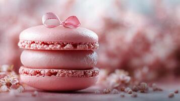 Delightful pink macarons adorned with a bow amidst a dreamy floral backdrop photo