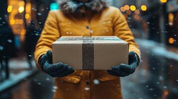Person holding a gift box in a snowy city street during winter festivities in an urban environment photo