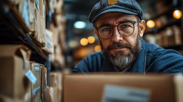 Focused man examining packages in a storage warehouse during evening hours photo