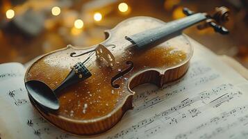 Violin resting on sheet music surrounded by glimmering lights during a serene evening photo