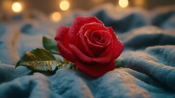 Elegant red rose on luxurious fabric background capturing natural beauty and romance photo