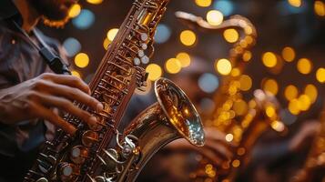 Musicians play saxophones during a lively night performance with warm lights in a vibrant venue photo