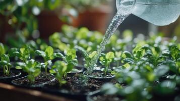 Watering young green plants in pots on a sunny day in a gardening space photo