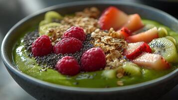 Healthy green smoothie bowl topped with fresh fruit and granola for a nutritious breakfast photo