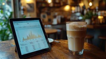 Coffee and technology blend in a cozy cafe setting with financial charts displayed on a tablet photo