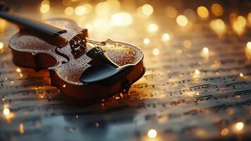 Violin resting on sheet music surrounded by glimmering lights during a serene evening photo