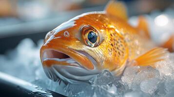 Freshly caught rainbow trout displayed on ice at a seafood market during the morning hours photo