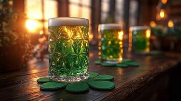 Bright green drinks on wooden table during sunset celebration in cozy venue photo