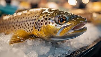 Freshly caught rainbow trout displayed on ice at a seafood market during the morning hours photo