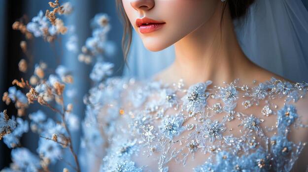 Elegant bridal gown adorned with delicate white flowers in a soft fabric setting photo