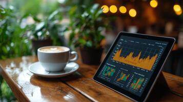 Coffee and technology blend in a cozy cafe setting with financial charts displayed on a tablet photo