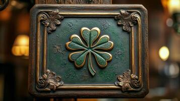 Vintage sign featuring a green clover in front of a cozy pub with warm lighting photo
