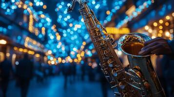 Saxophone shines brightly against a backdrop of warm bokeh lights in a cozy setting photo
