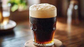 Enjoying creamy stout beer topped with whipped cream in a cozy pub atmosphere photo