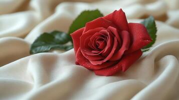 Elegant red rose on luxurious fabric background capturing natural beauty and romance photo