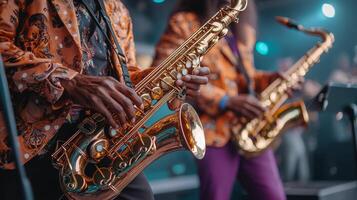 Exciting live performance with saxophonists dressed in vibrant outfits at a music festival photo