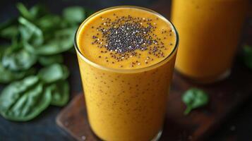 Refreshing smoothie with spinach and chia seeds served in a glass on a wooden tray photo