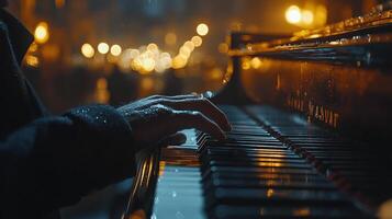 Pianist performs in rainy evening with captivating city lights in the background photo