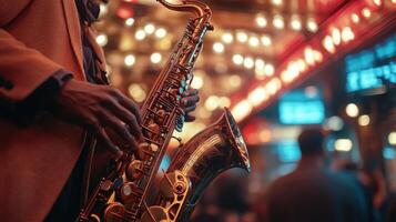 Saxophone shines brightly against a backdrop of warm bokeh lights in a cozy setting photo