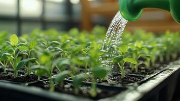 Watering young green plants in pots on a sunny day in a gardening space photo