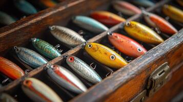 Collection of colorfully painted fishing lures displayed in a wooden box photo