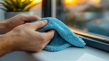 Cleaning a window with a blue microfiber cloth during sunset photo